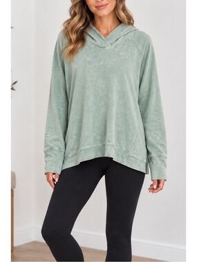 Danskin washed sage-green women’s hoodie features a cozy crossover hood